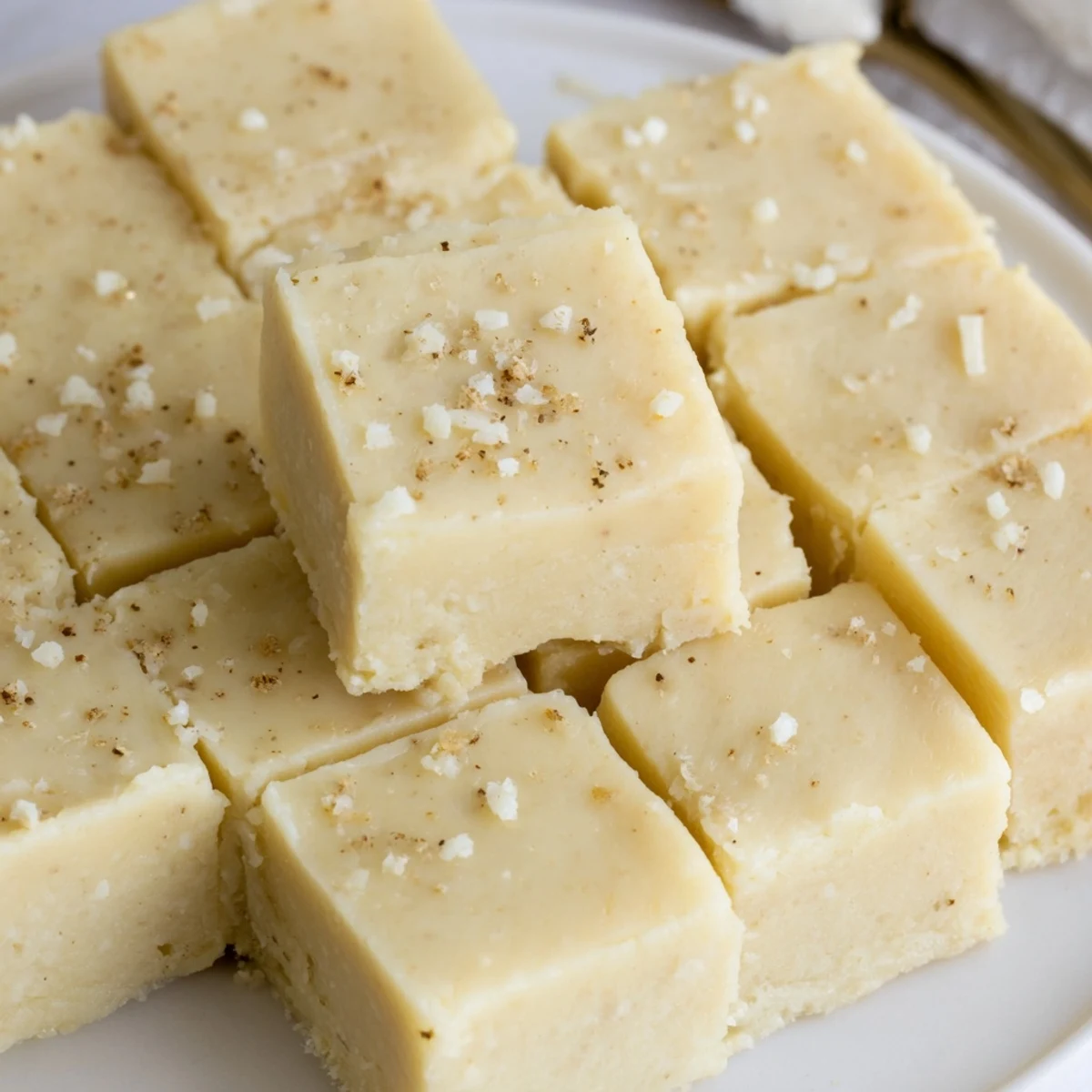 Silky Eggnog Fudge on parchment, warm vanilla aroma and spiced finish