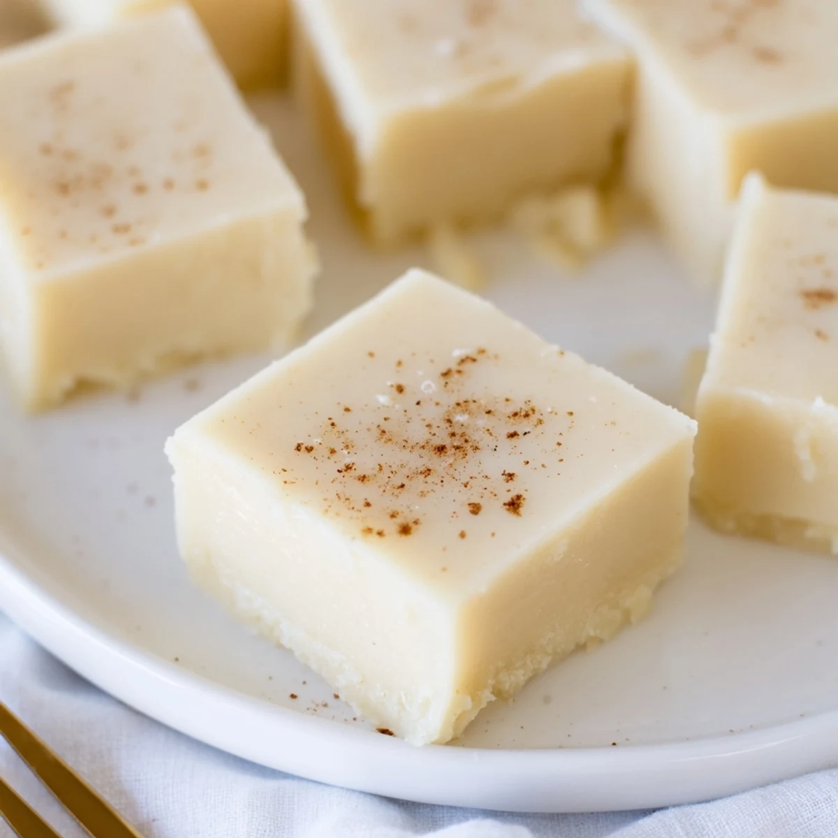 Decadent Eggnog Fudge bites topped with grated nutmeg, perfect holiday gift
