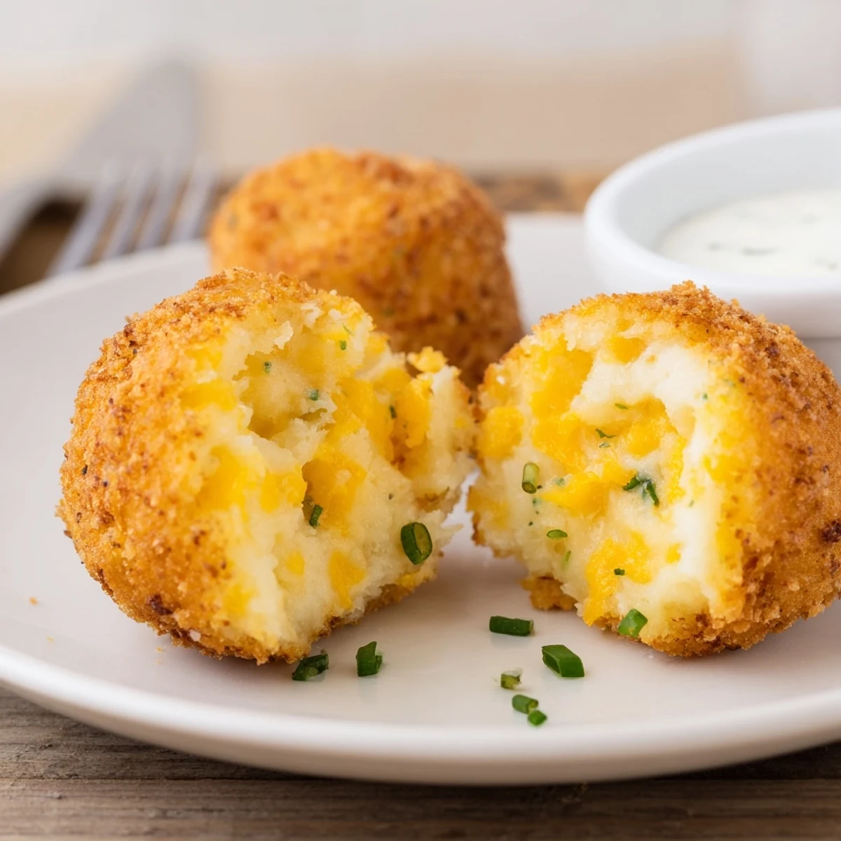 Fried Mashed Potato Balls with golden crispy exterior and melty cheddar inside