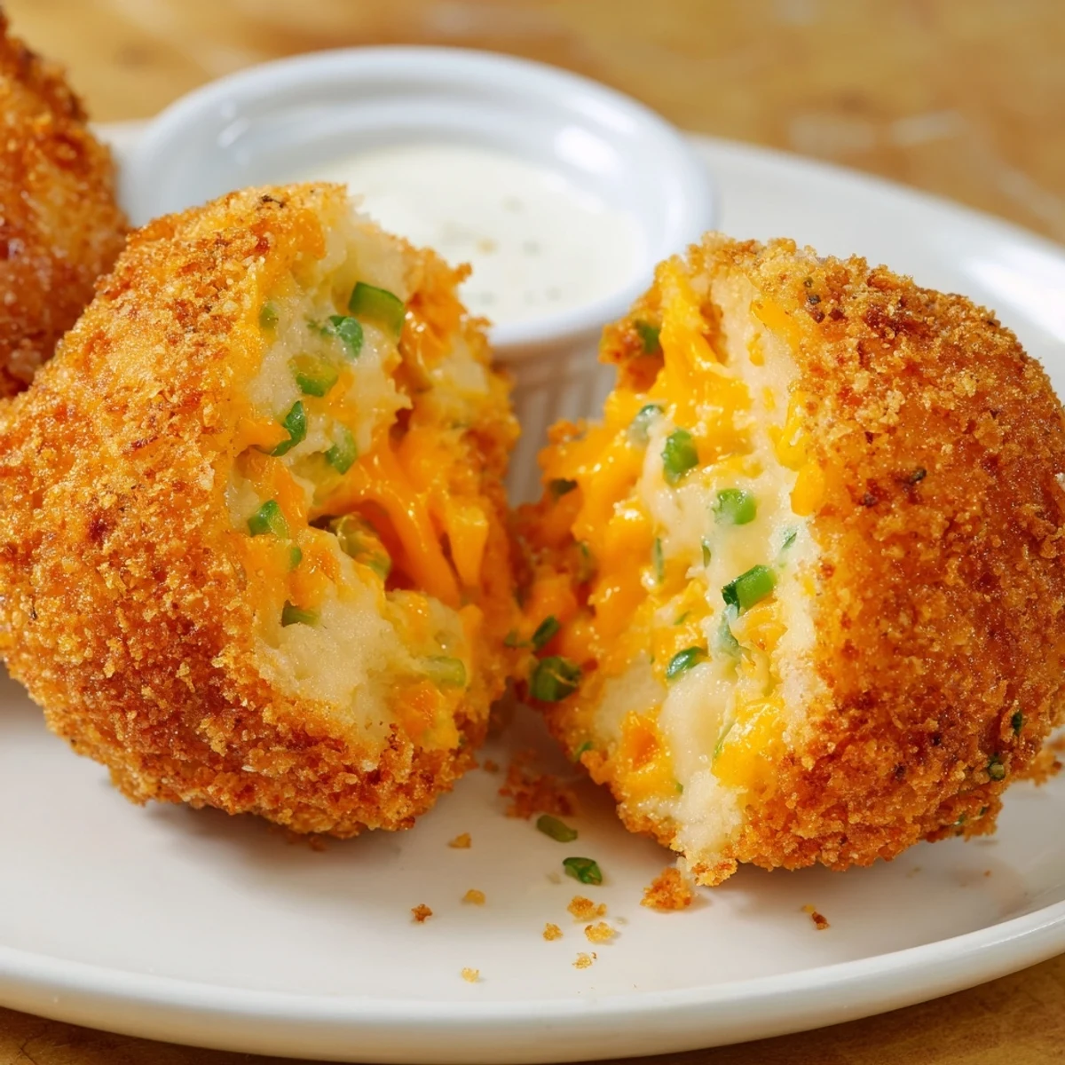 Plate of Fried Mashed Potato Balls served hot with creamy ranch dip