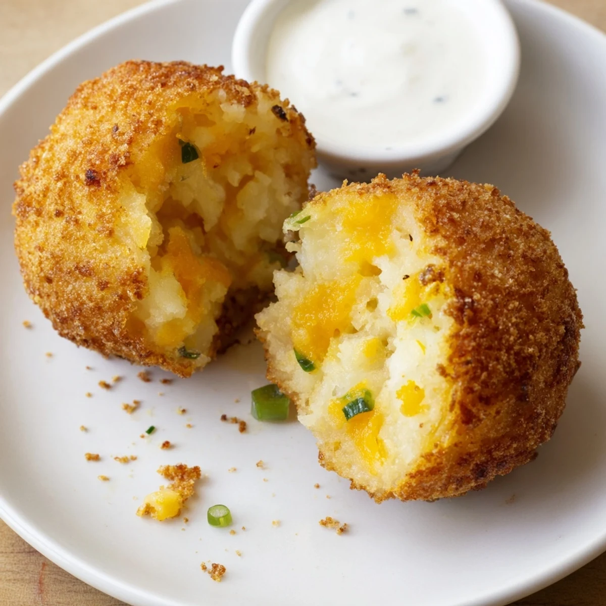 Crispy Fried Mashed Potato Balls cooling on rack, scallions and dipping sauces