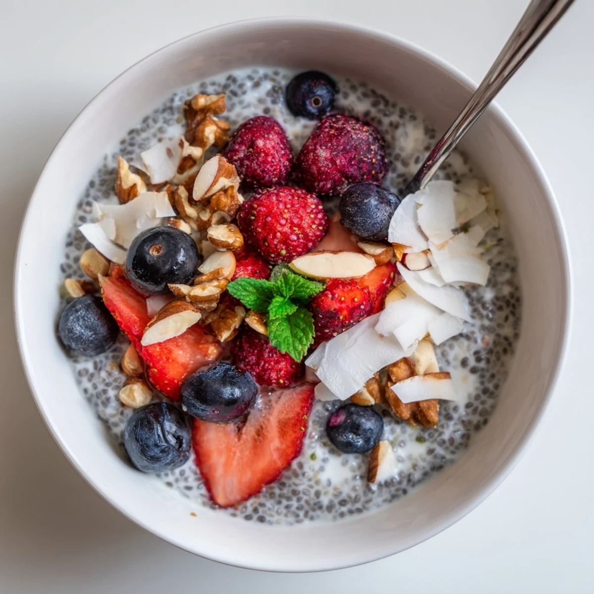 Chia Seed Pudding topped with fresh berries and toasted almonds, creamy texture