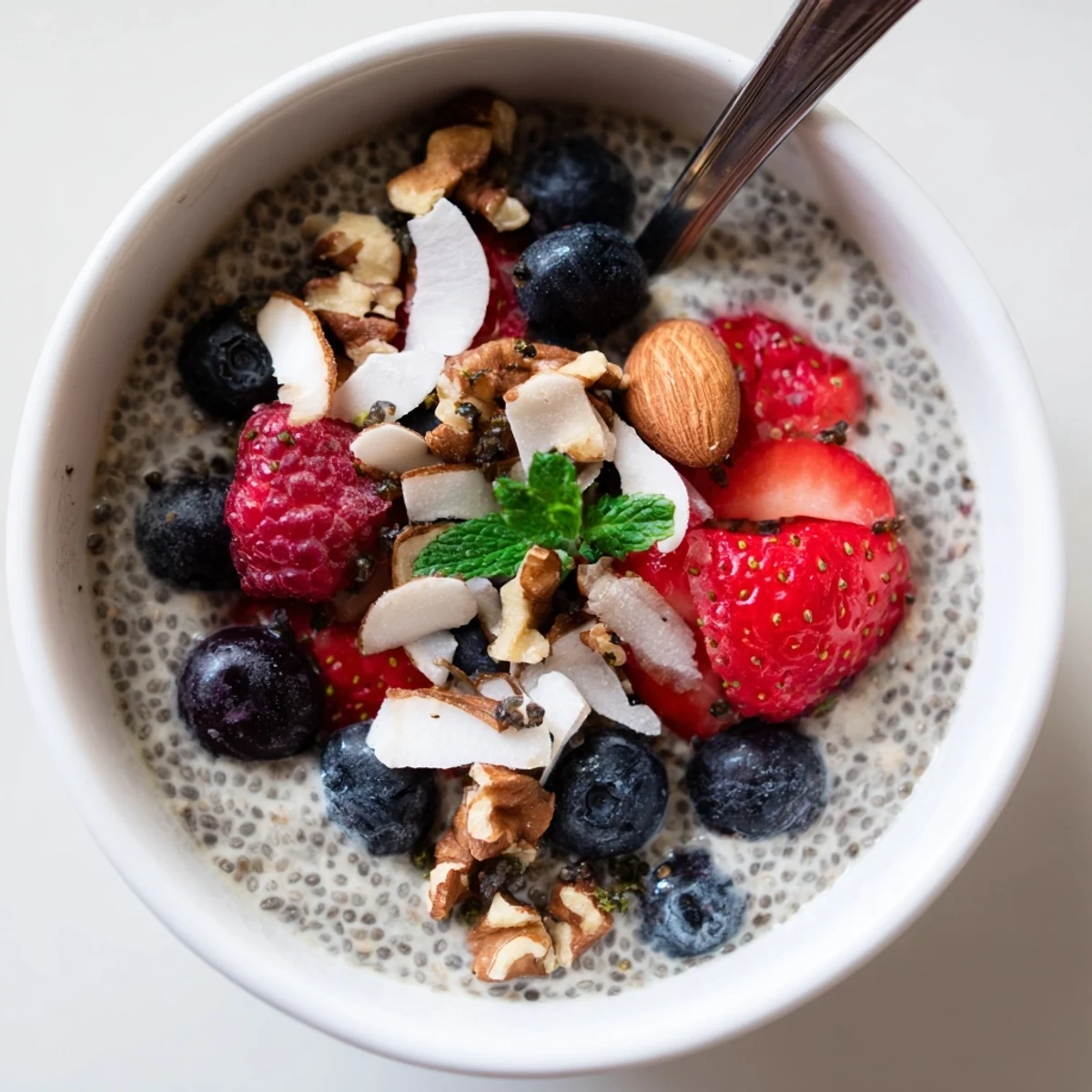 Creamy chilled Chia Seed Pudding in a jar garnished with mint