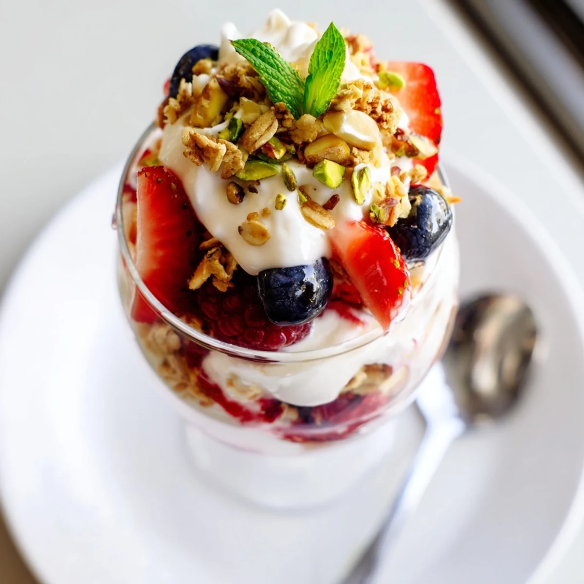 Greek Yogurt Parfait with berries, crunchy granola, honey drizzle, fresh mint