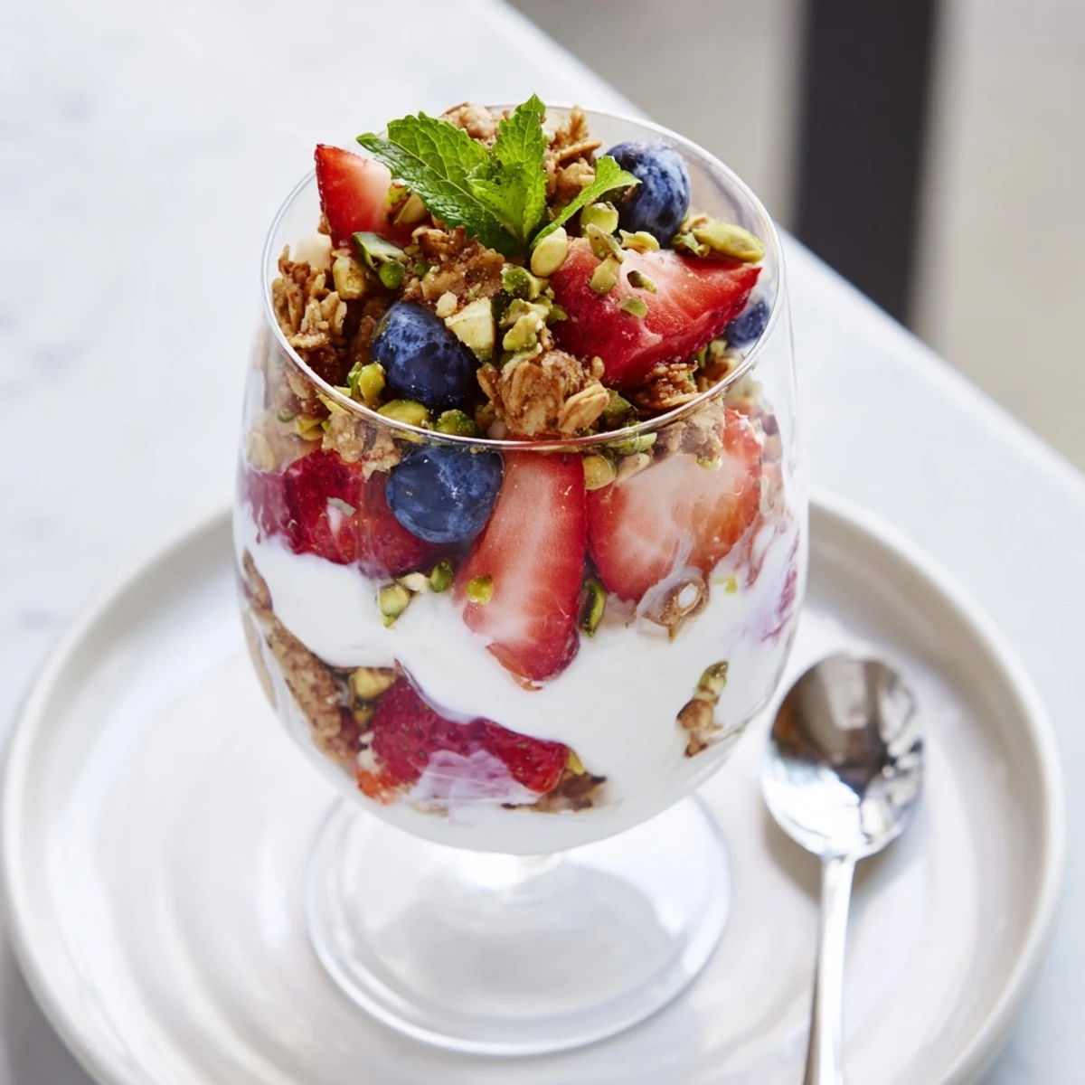 Layered Greek Yogurt Parfait in glass jars, tart berries and nuts