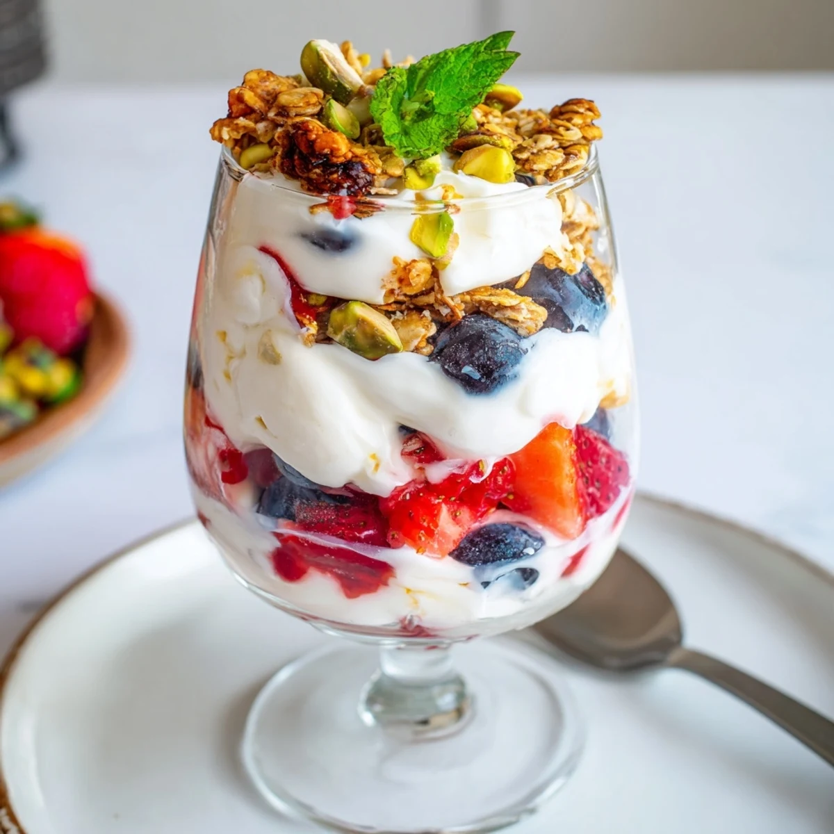 Creamy Greek Yogurt Parfait served for breakfast, sweet maple, textured crunch