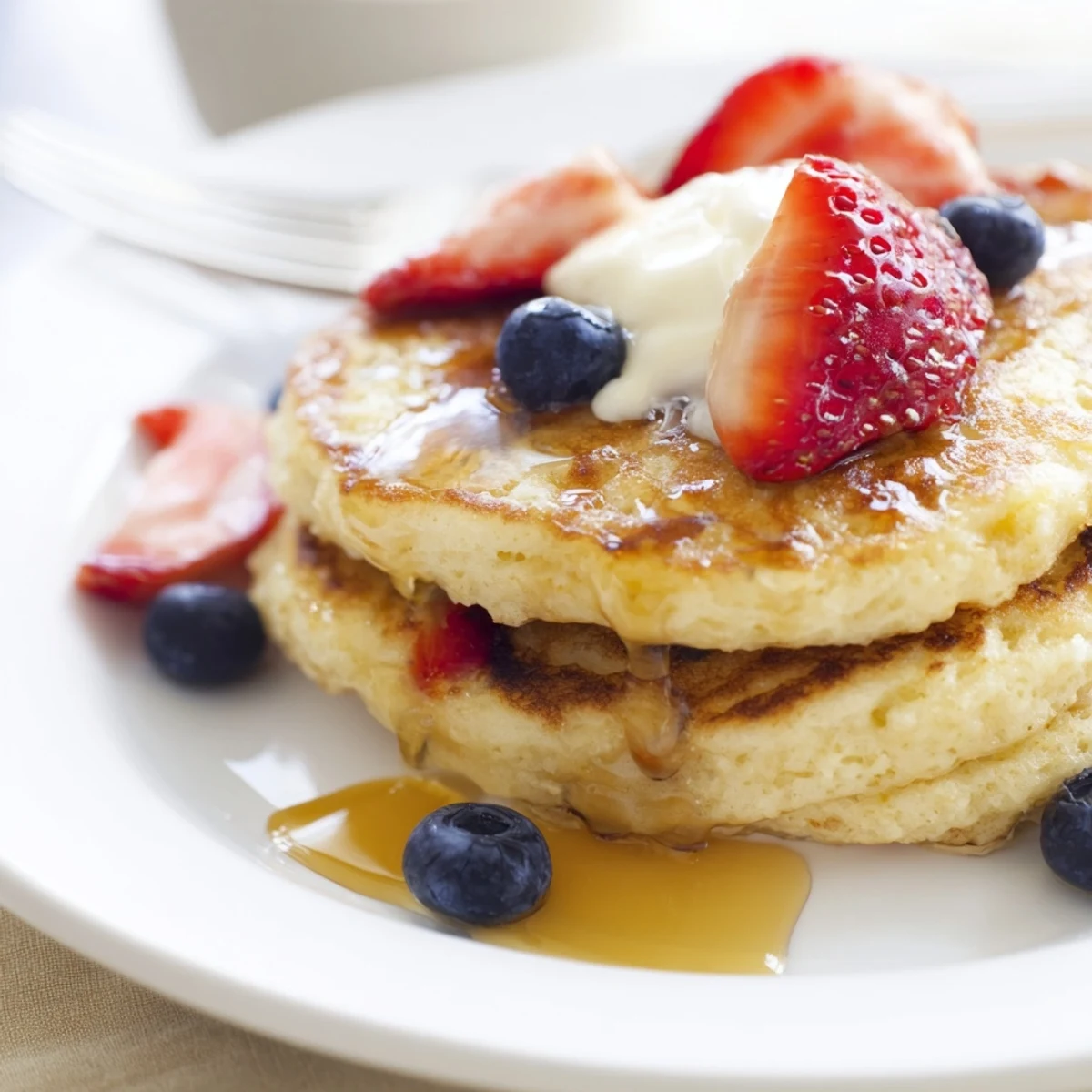 Cottage Cheese Pancakes stacked with melting butter and glistening maple syrup