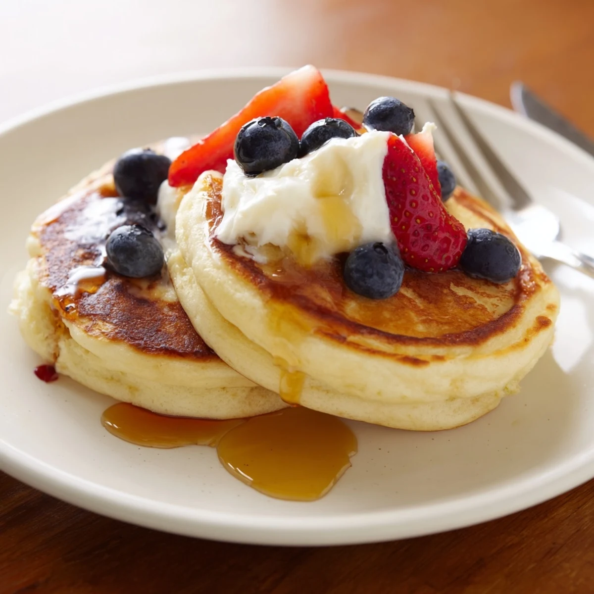 Fluffy cottage cheese pancakes topped with fresh berries and creamy Greek yogurt