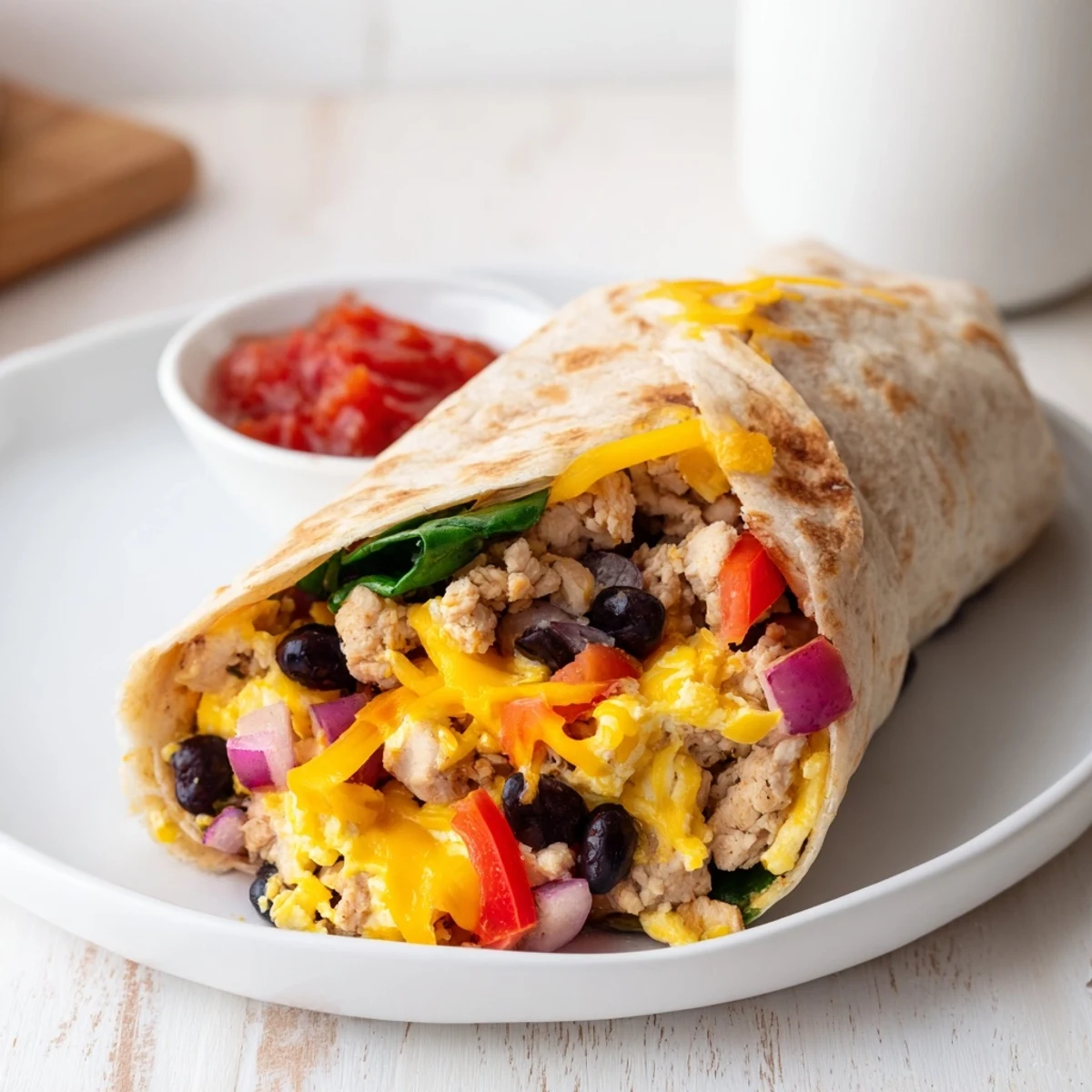 Protein Breakfast Burrito with melted cheddar, chopped turkey, wilted spinach, salsa