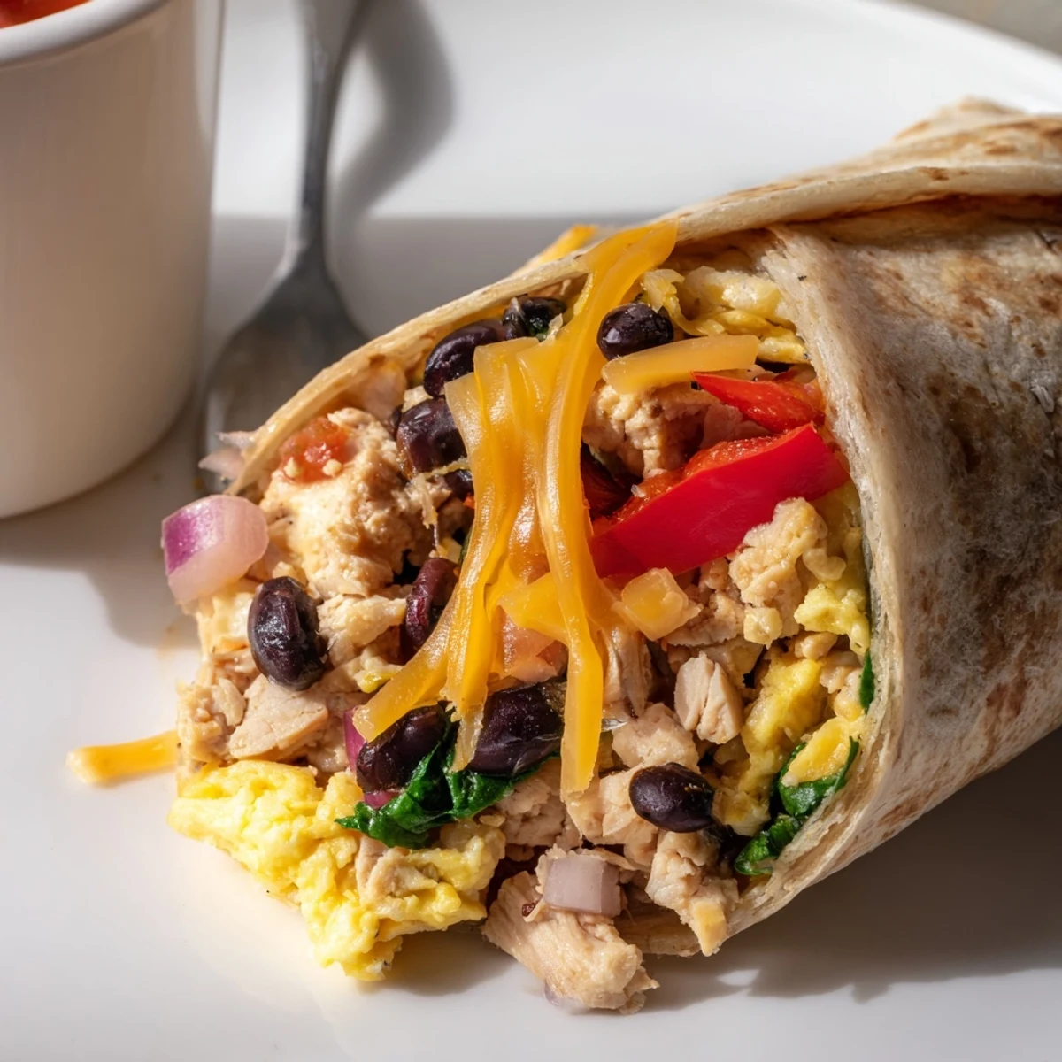 Sliced in half, steam rising from a warm Protein Breakfast Burrito