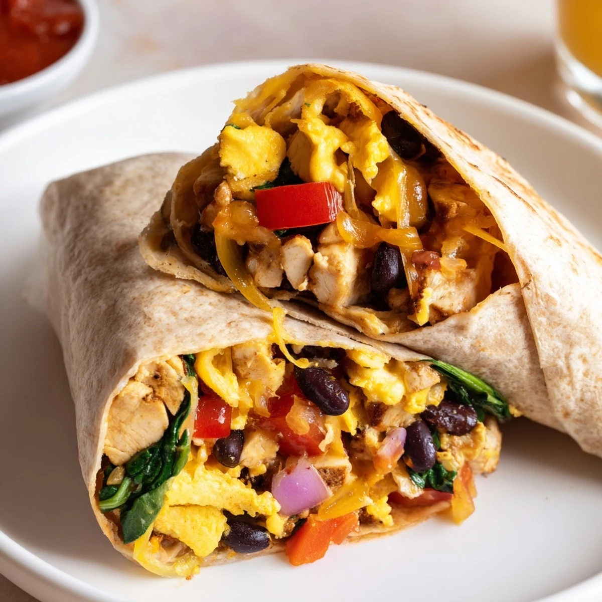 Whole wheat Protein Breakfast Burrito folded tightly, fluffy eggs, black beans