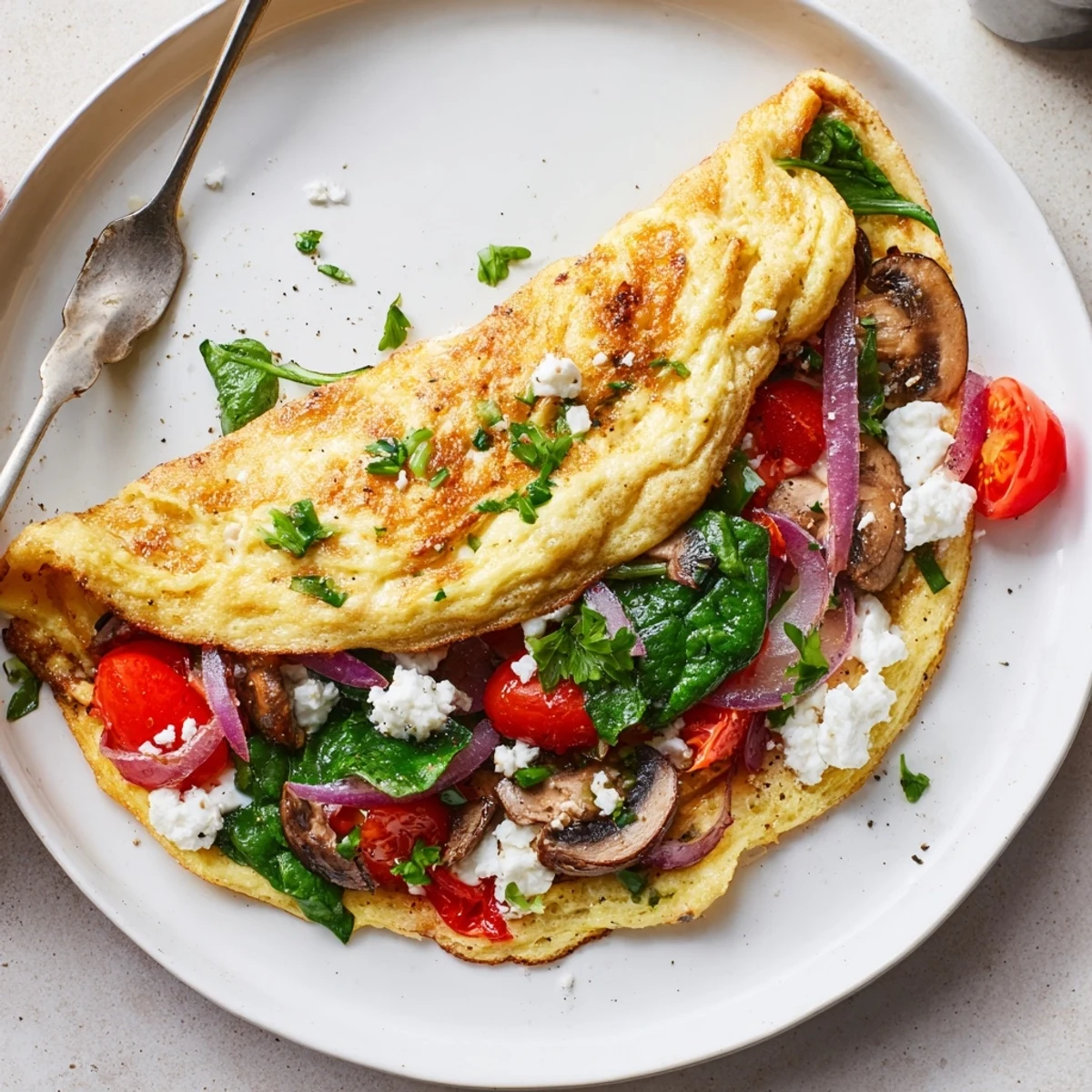 Fluffy Egg White Omelette with Vegetables, brightly colored, garnished with parsley.