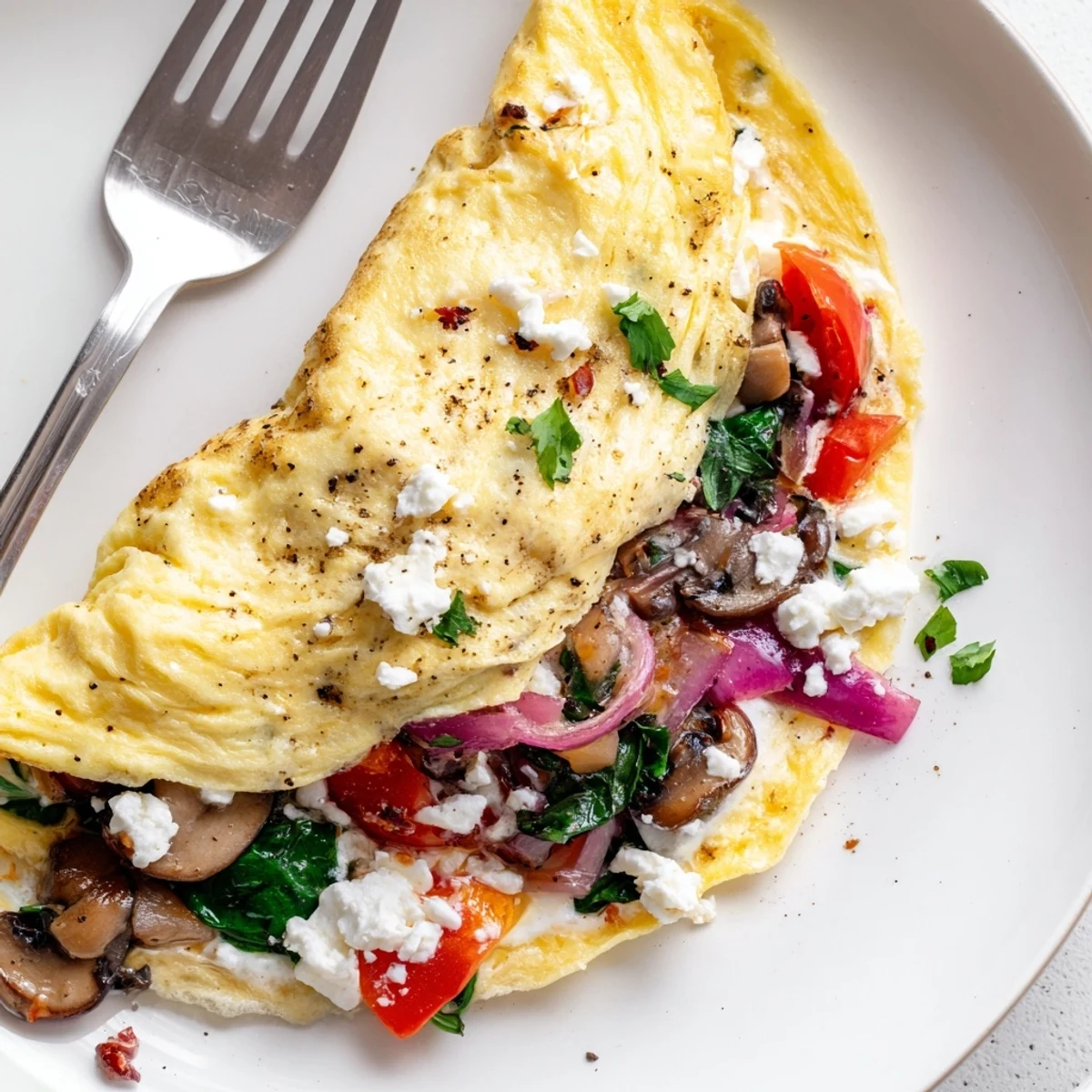 Sizzling skillet Egg White Omelette with Vegetables, spinach and cherry tomato filling.
