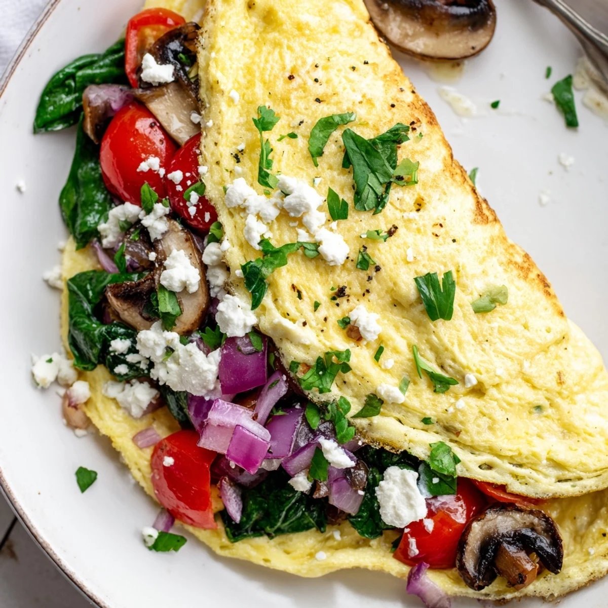 Protein packed Egg White Omelette with Vegetables folded over feta, served with toast.