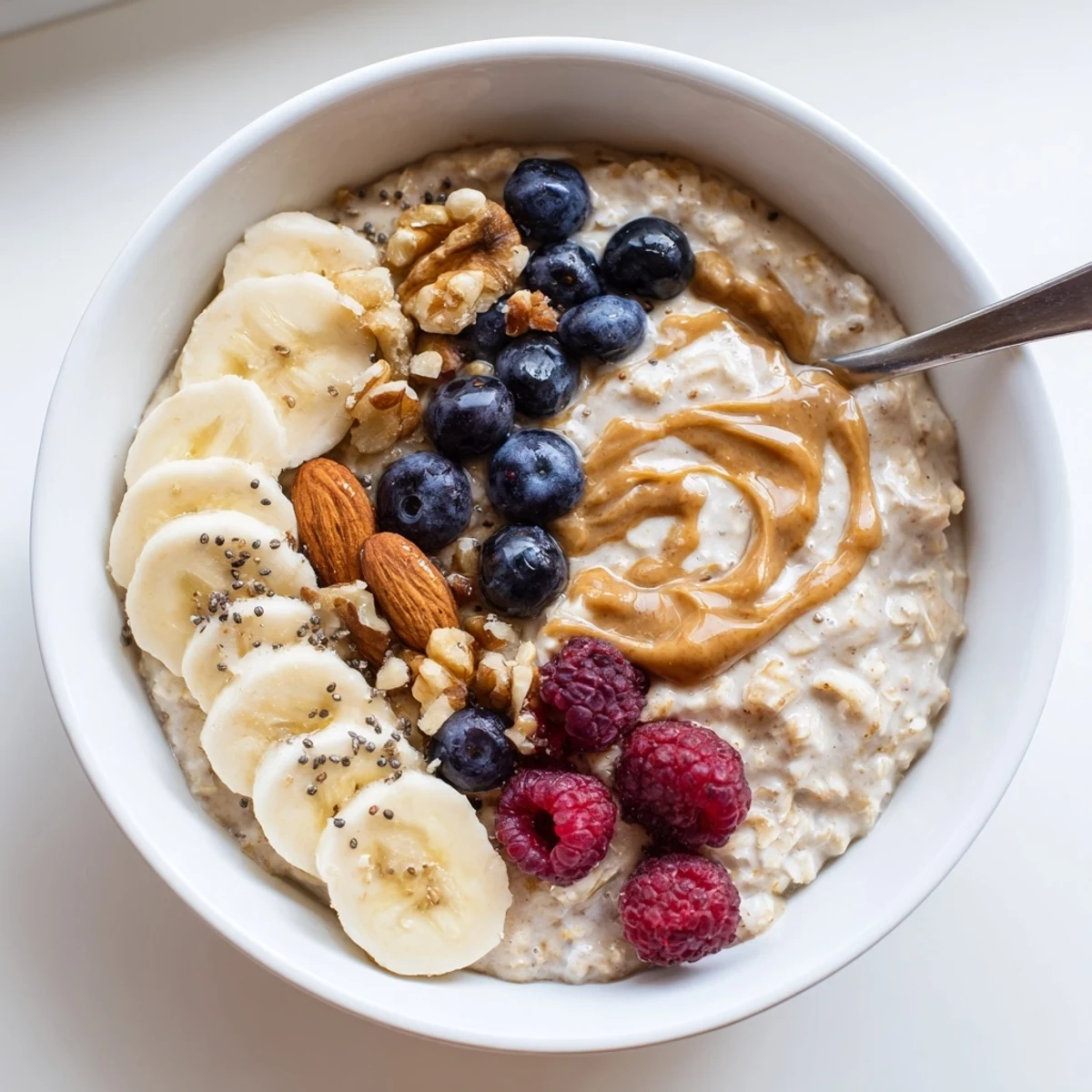 Creamy Protein Oatmeal topped with banana, nuts, and fresh berries