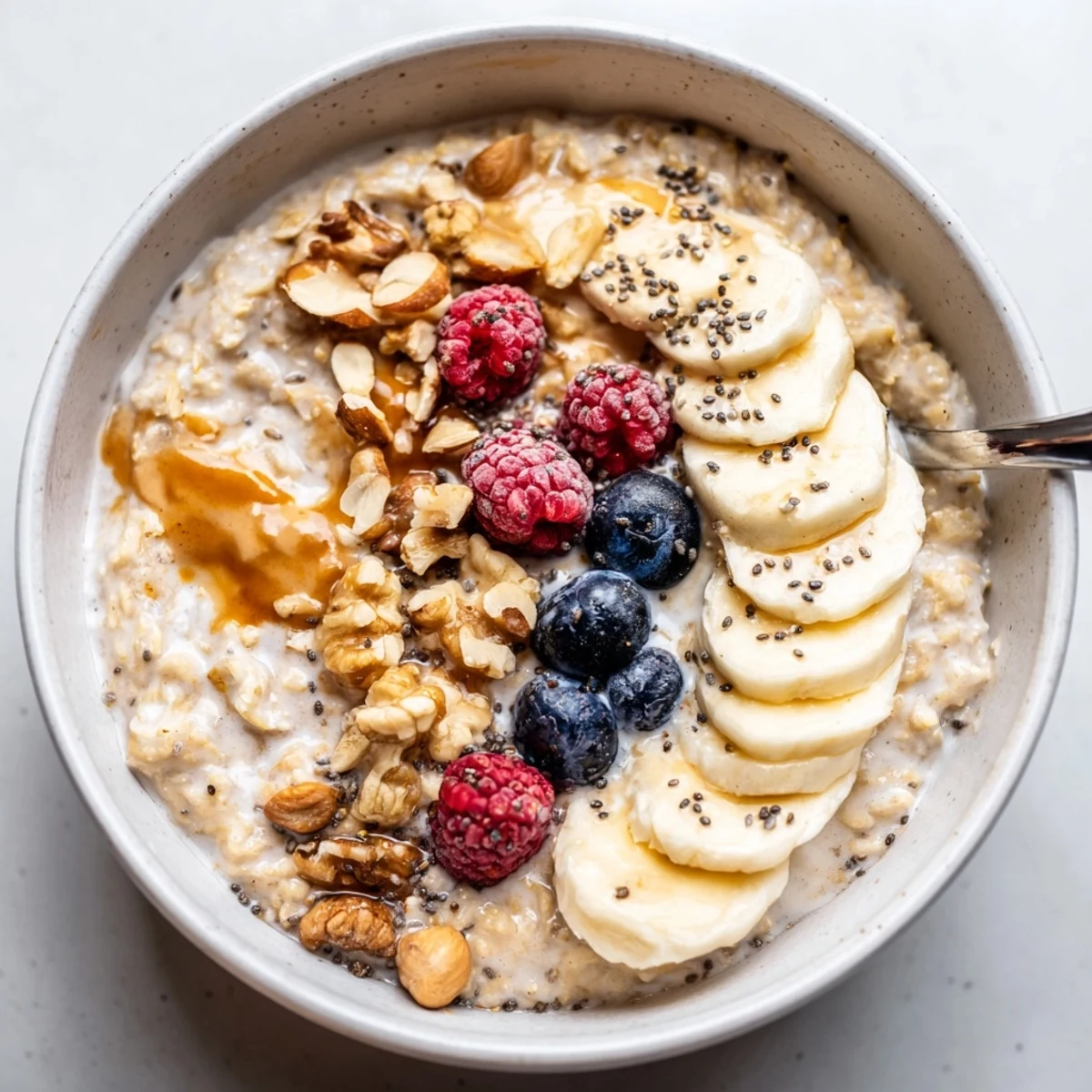 Warm vanilla Protein Oatmeal steaming in bowl, drizzle of maple syrup