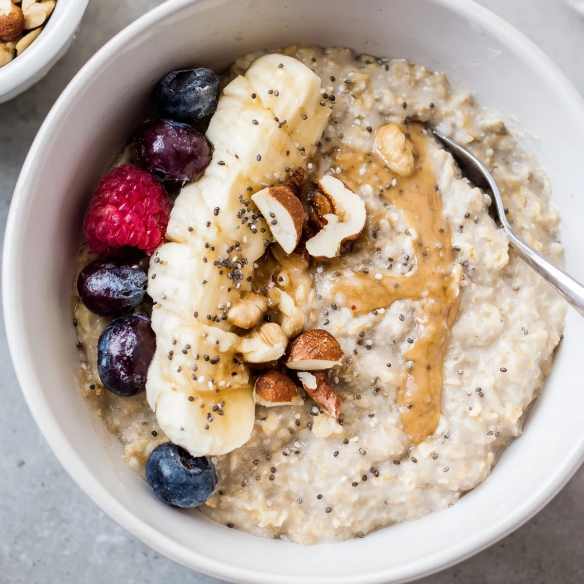 Hearty Protein Oatmeal stirred until creamy, ideal post-workout breakfast bowl