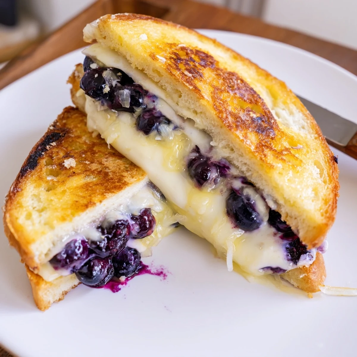 Juicy Blueberry Grilled Cheese served warm beside steaming tomato soup, sweet tart blueberries