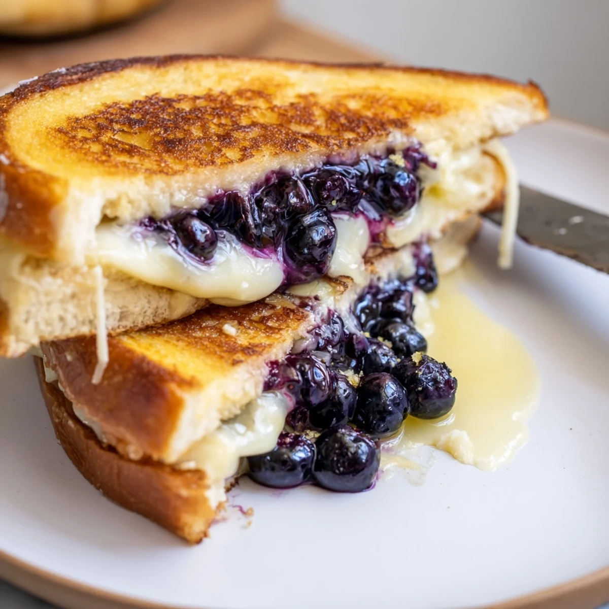Juicy Blueberry Grilled Cheese on golden toasted brioche, oozing melted mozzarella