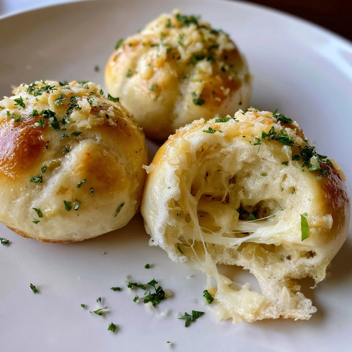 Buttery Cheese Garlic Rolls glistening with melted cheese, steaming on wooden board
