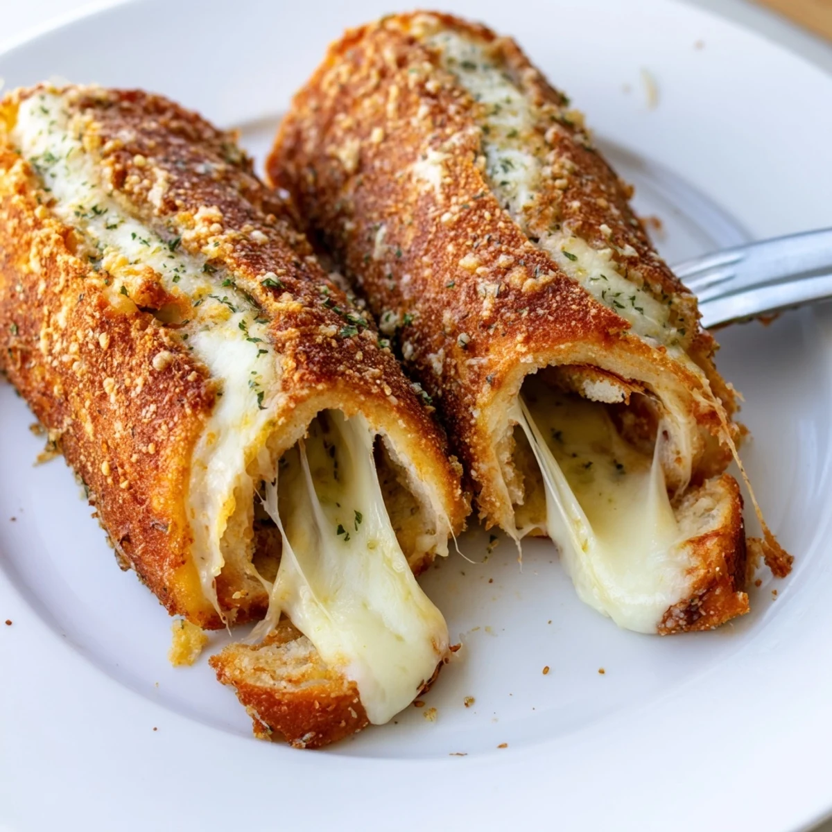 Warm Crispy Cheesy Roll Ups on parchment, sprinkled Parmesan and herbs