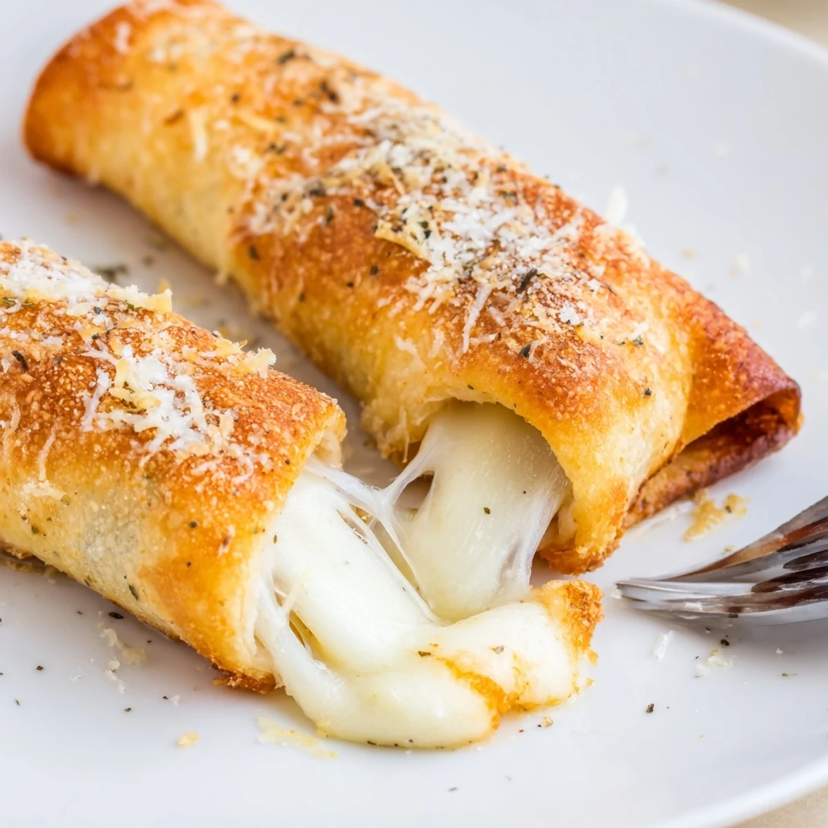 Crispy Cheesy Roll Ups fresh from oven, golden exterior and gooey cheese