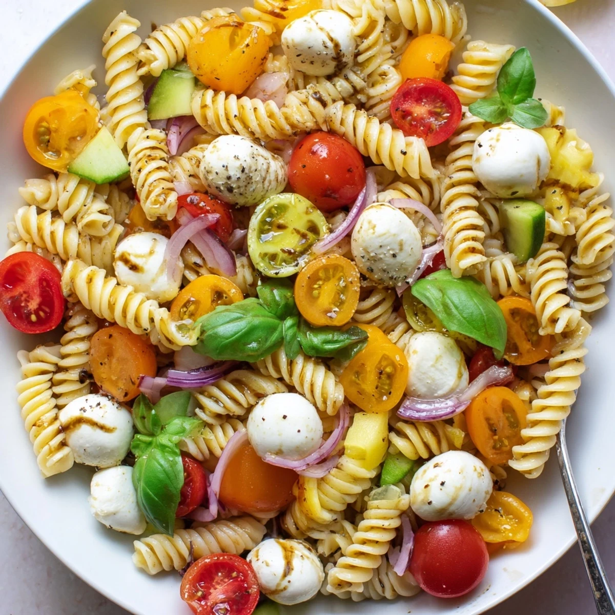 Colorful Caprese Pasta Salad with glossy cherry tomatoes, basil, and creamy mozzarella