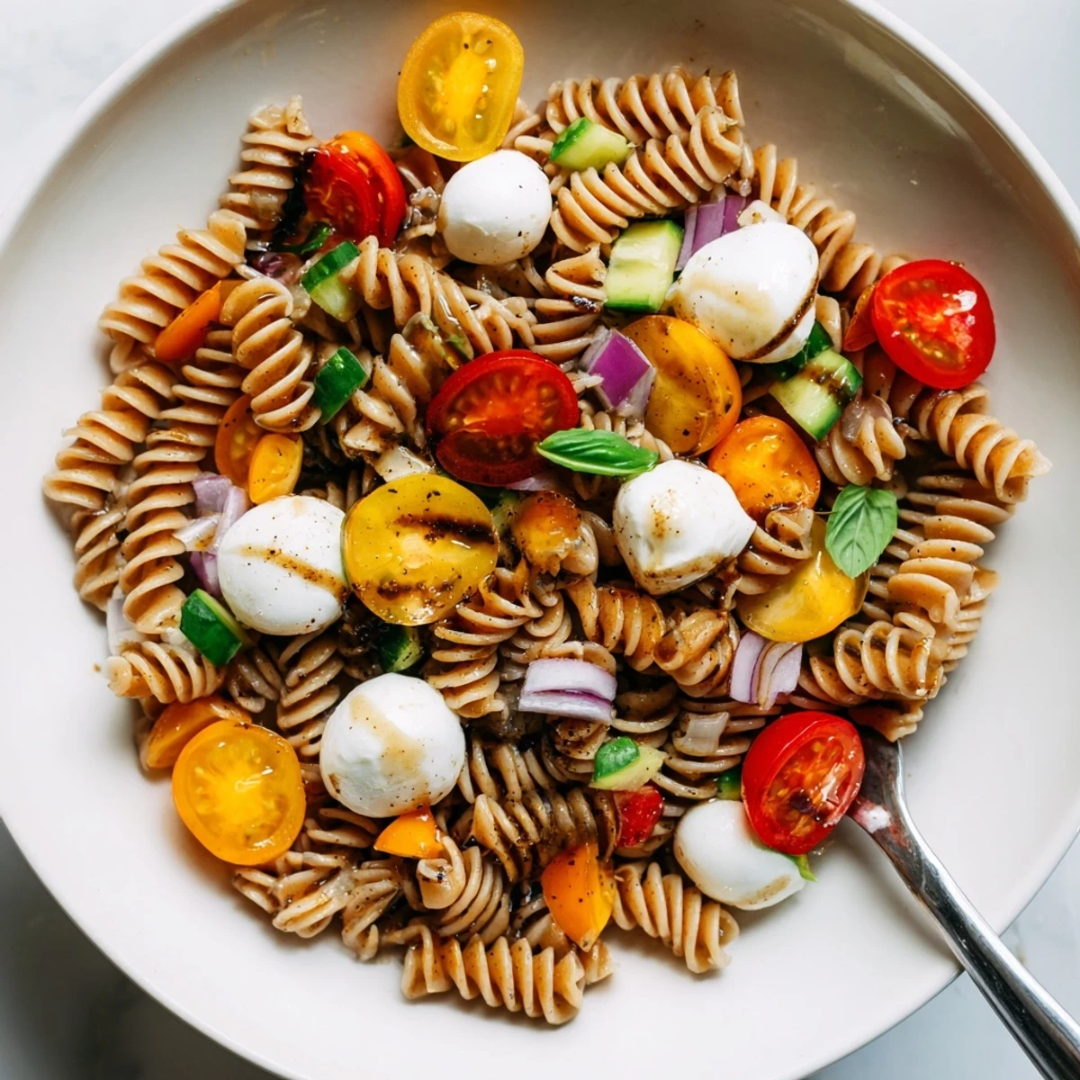 Chilled Colorful Caprese Pasta Salad tossed in balsamic vinaigrette, bright summer flavors
