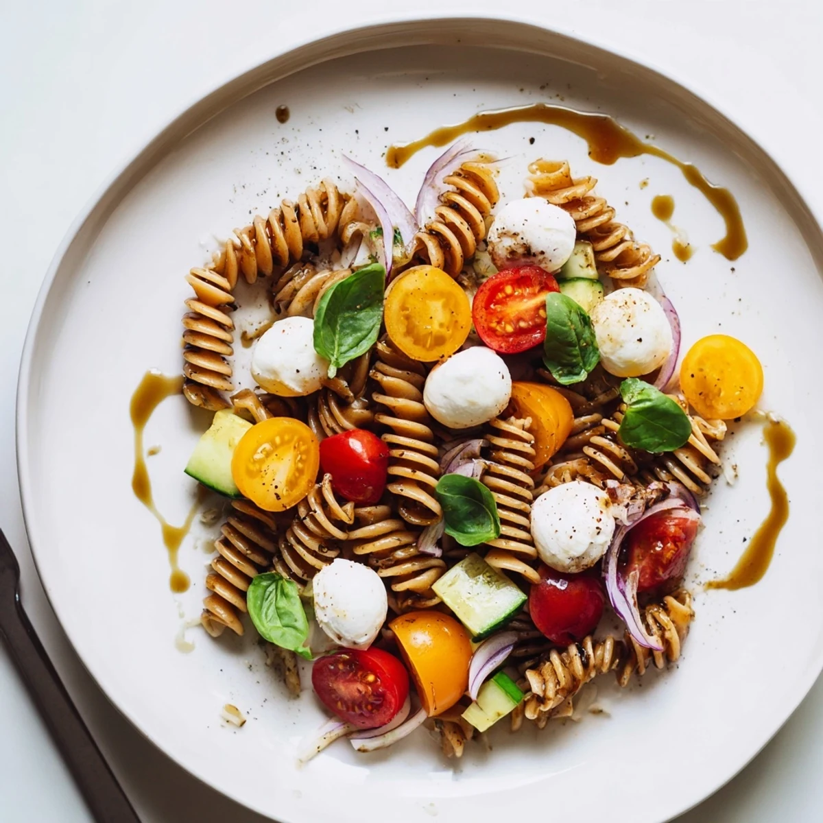 A bowl of Colorful Caprese Pasta Salad ready to serve, vibrant and tangy