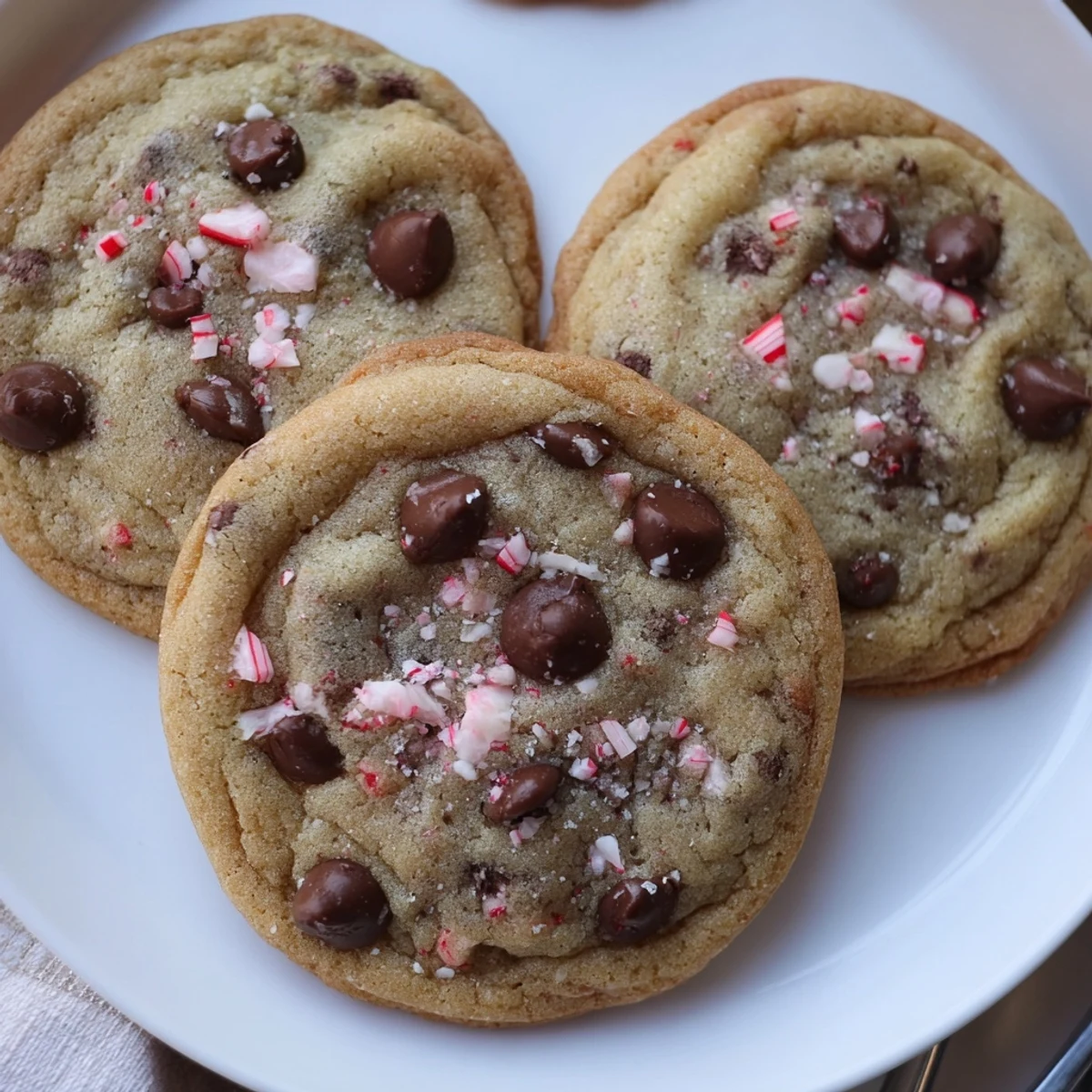 Warm Peppermint Chocolate Chip Cookies cooling on rack, speckled with crushed candy