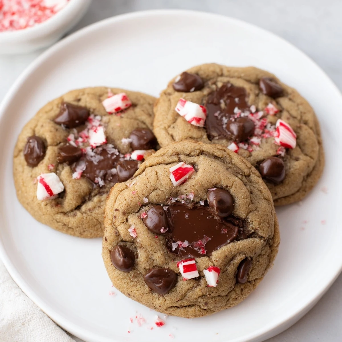 Stack of Peppermint Chocolate Chip Cookies with melty chips and minty sparkle