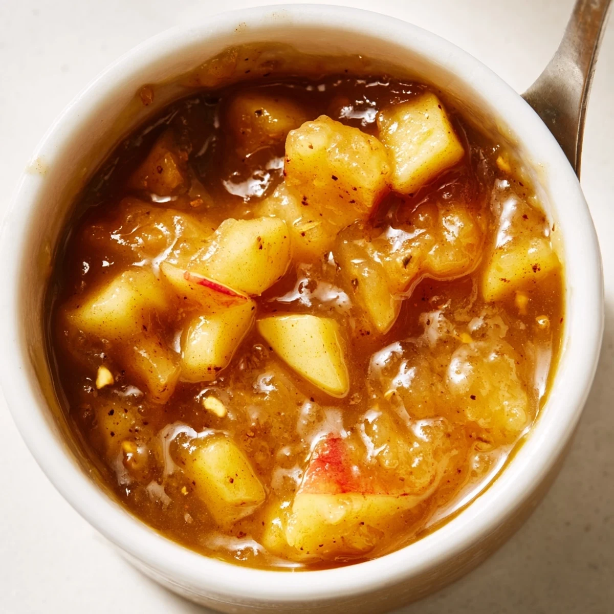 Fall Caramel Apple Jam glistening in jar, chunky apples and warm spices.