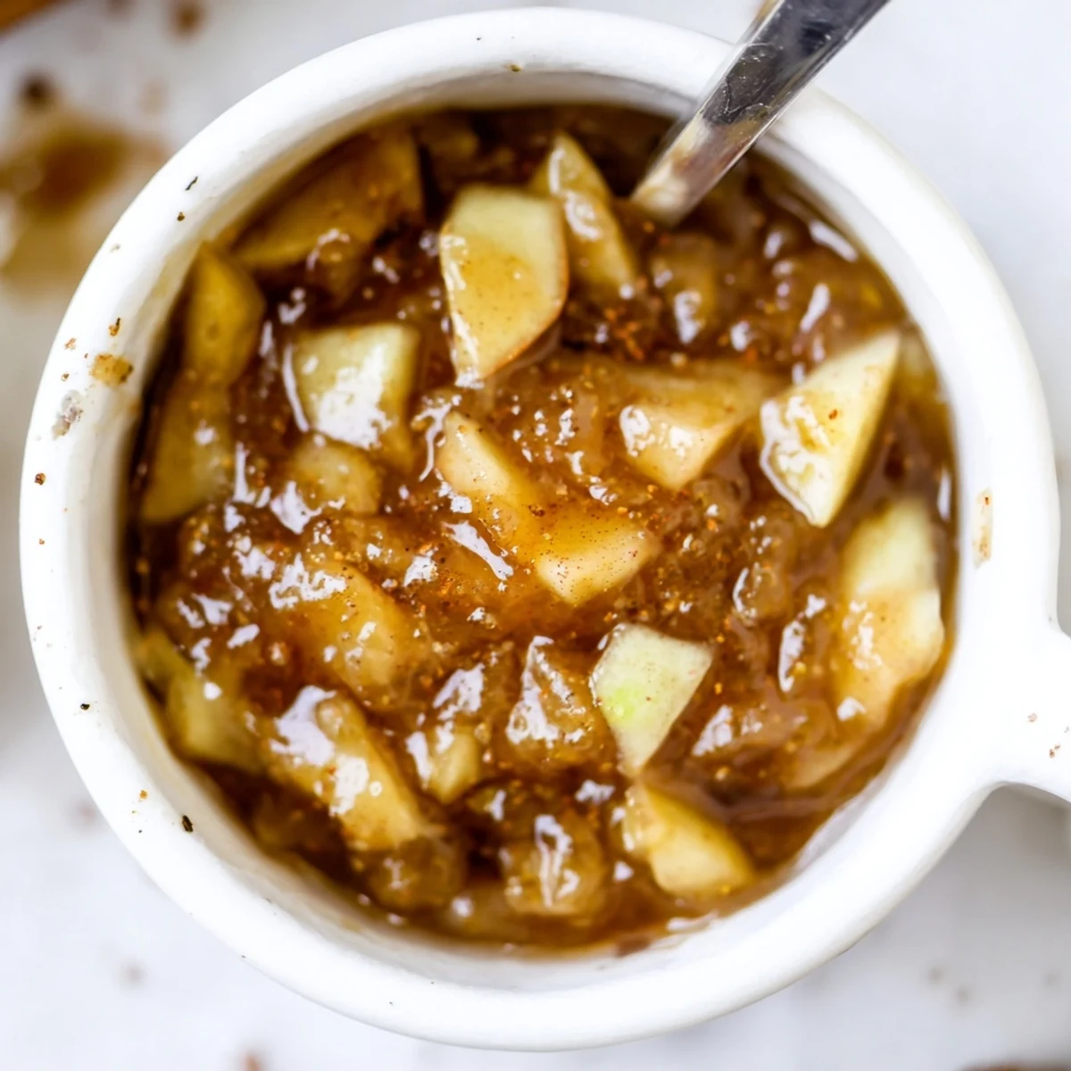 Spoonful of Fall Caramel Apple Jam showing golden caramel, tender apple chunks.