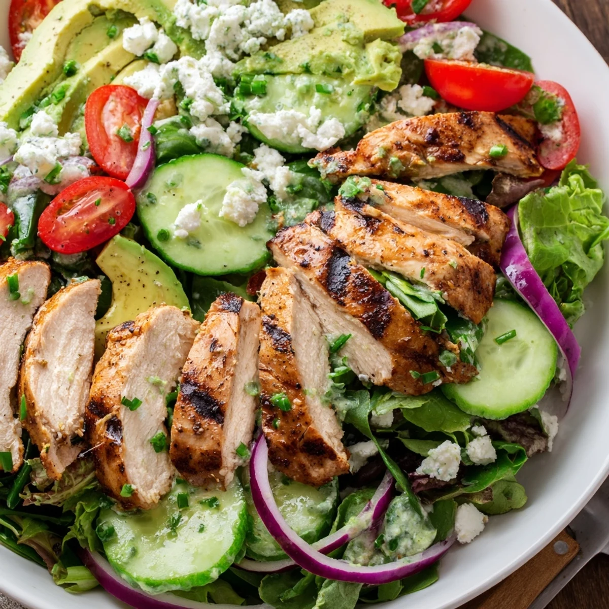 Citrusy Grilled Chicken Salad Avocado Herb Dressing on bed of chilled mixed greens
