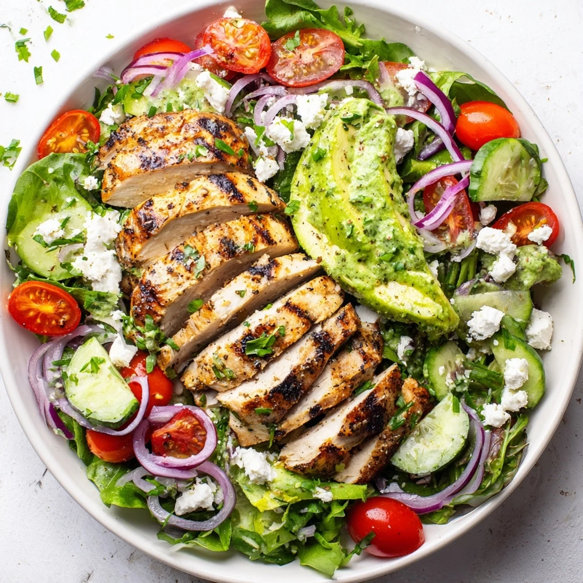 Grilled Chicken Salad Avocado Herb Dressing served with sliced warm chicken and crisp greens