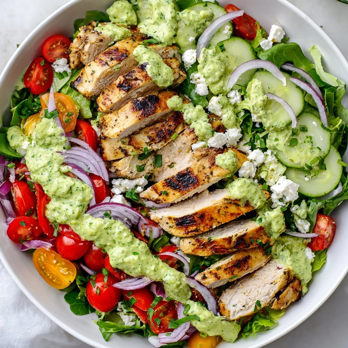 Sliced grilled chicken atop Grilled Chicken Salad Avocado Herb Dressing with crumbled feta