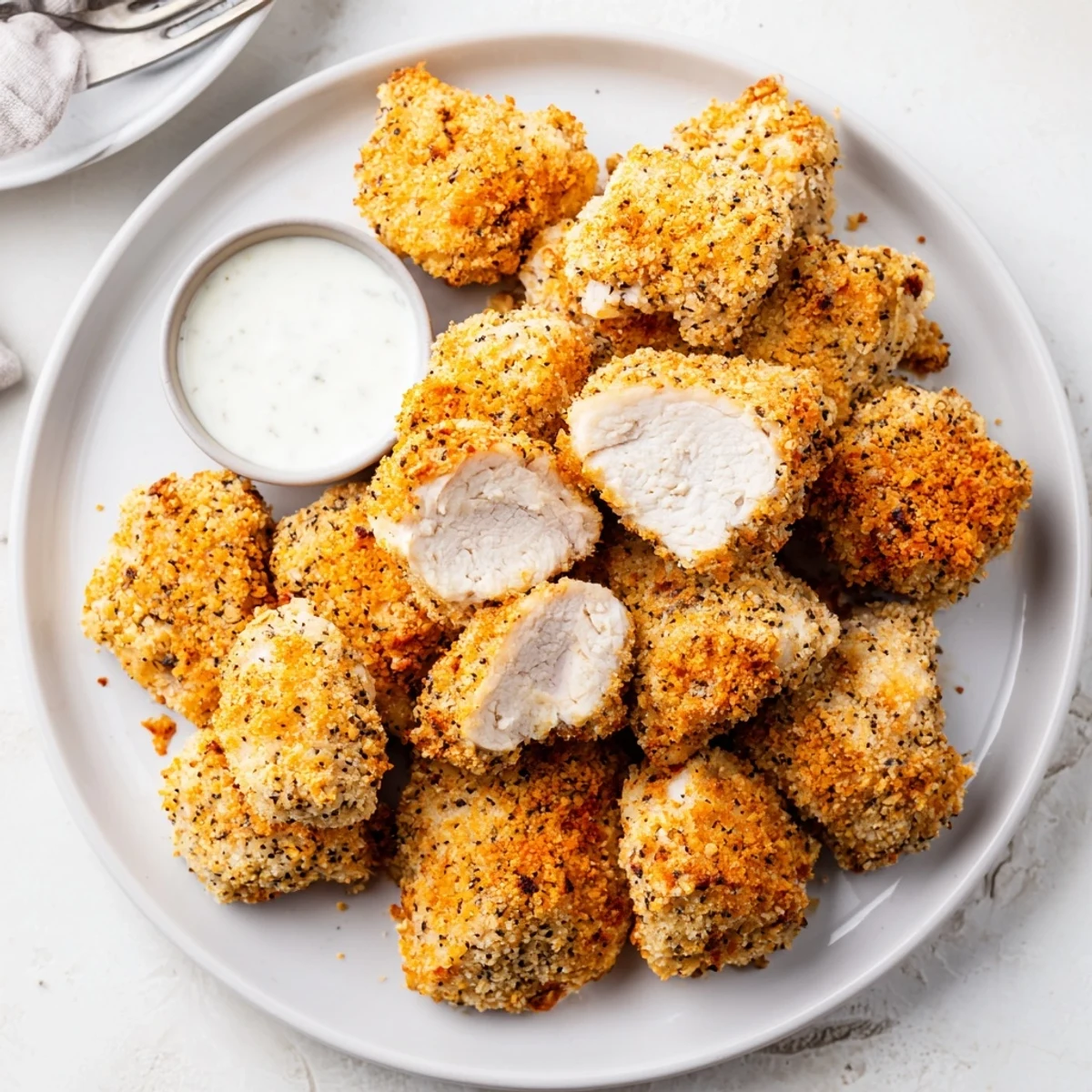Buttermilk-marinated Chicken Bites frying to golden crunch, served with ranch