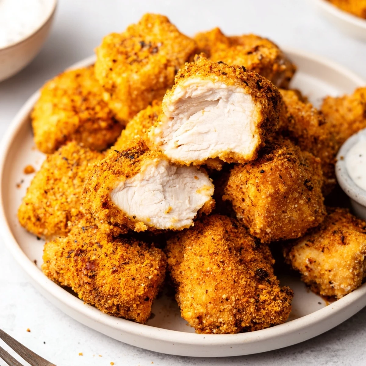 Crispy golden Chicken Bites piled on plate, steaming and ready to dip