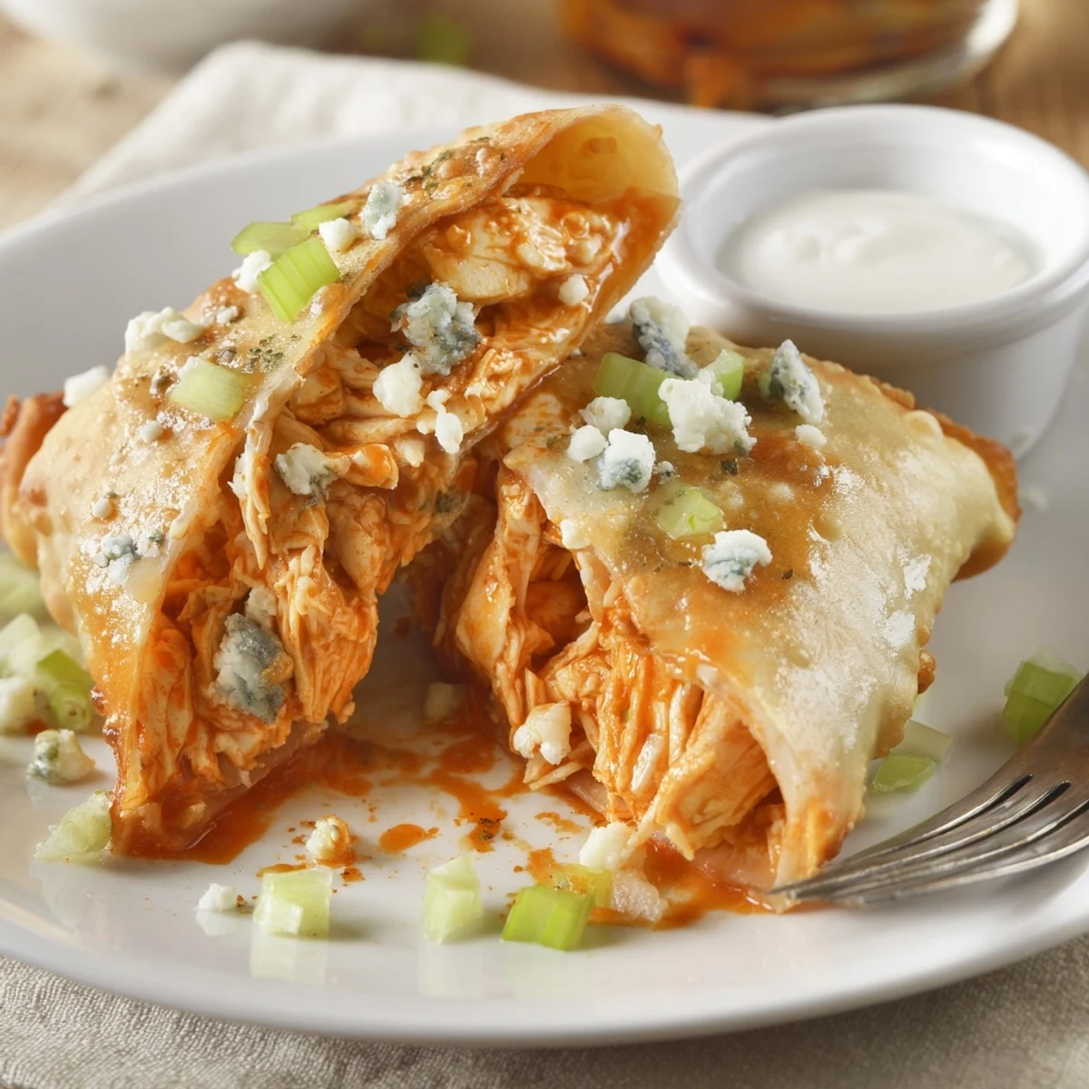 Crispy Buffalo Chicken Egg Rolls Recipe on a plate, steaming, served with ranch