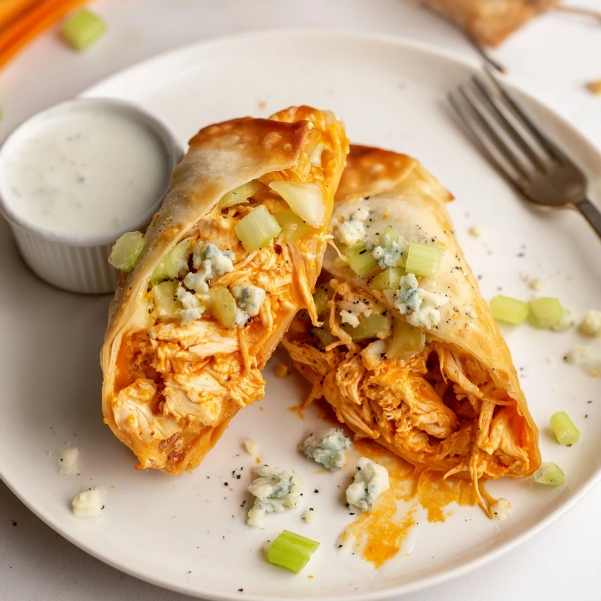 Homestyle Buffalo Chicken Egg Rolls Recipe revealing gooey cheese and spicy filling