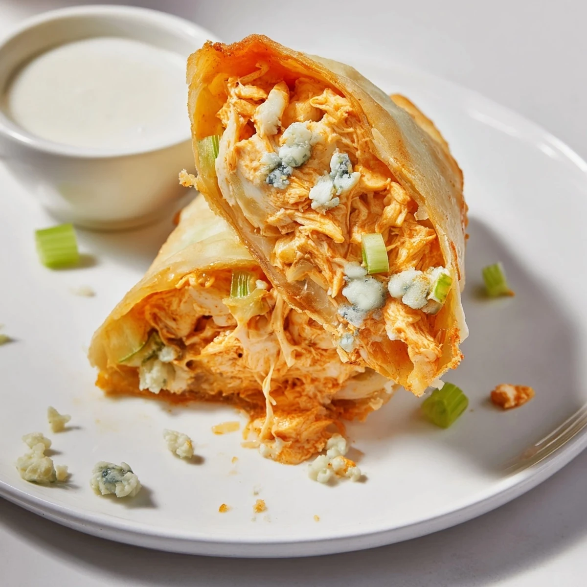 Golden Buffalo Chicken Egg Rolls Recipe beside celery sticks and blue cheese