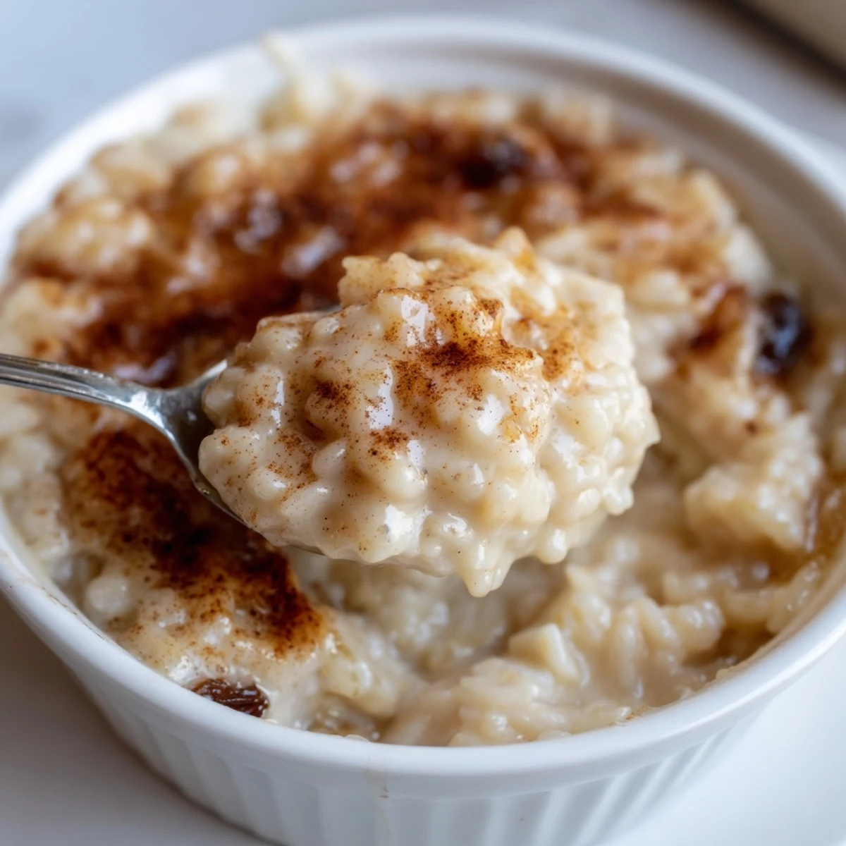Creamy condensed milk baked rice pudding, golden top, served warm with cinnamon.