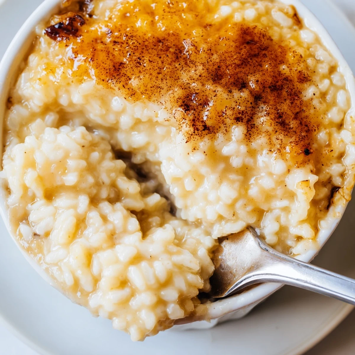 Chilled condensed milk baked rice pudding in baking dish, raisins studded, subtly sweet.