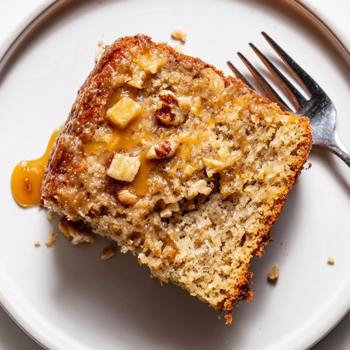 Slice of Salted Caramel Brown Butter Banana Cake on plate, warm and fragrant