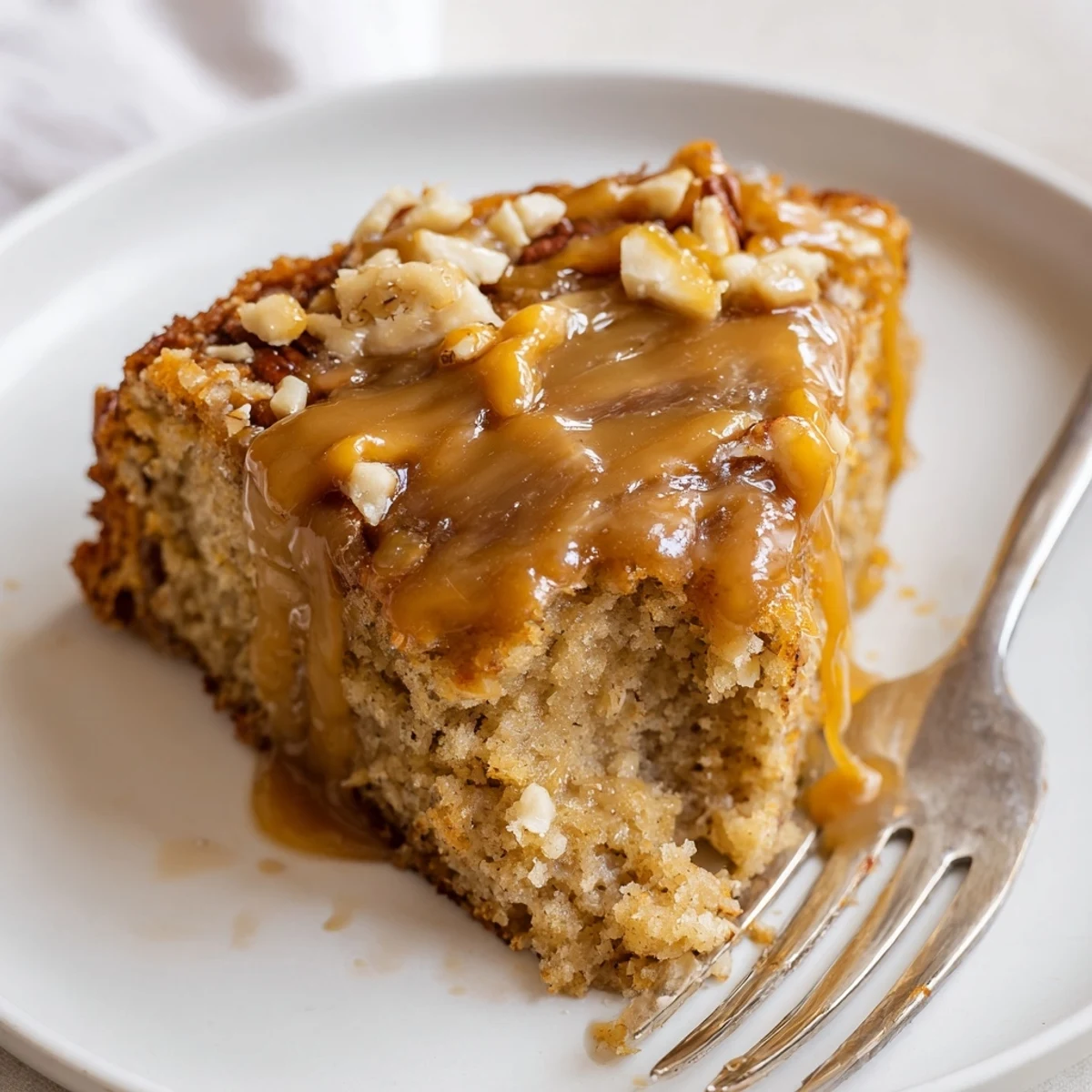 Salted Caramel Brown Butter Banana Cake with glossy caramel drizzle and sea salt