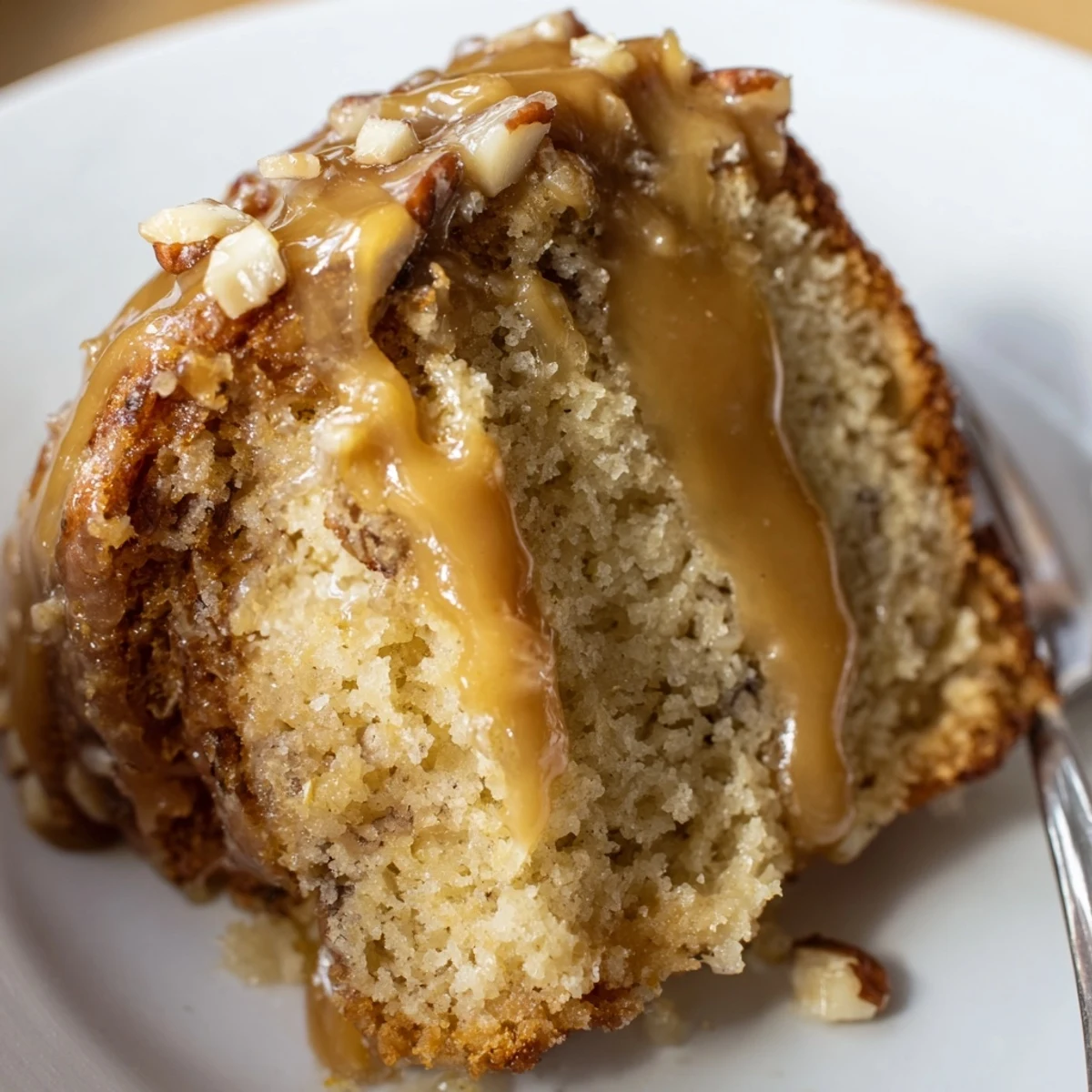 Fork beside Salted Caramel Brown Butter Banana Cake showing moist crumb and nuttiness