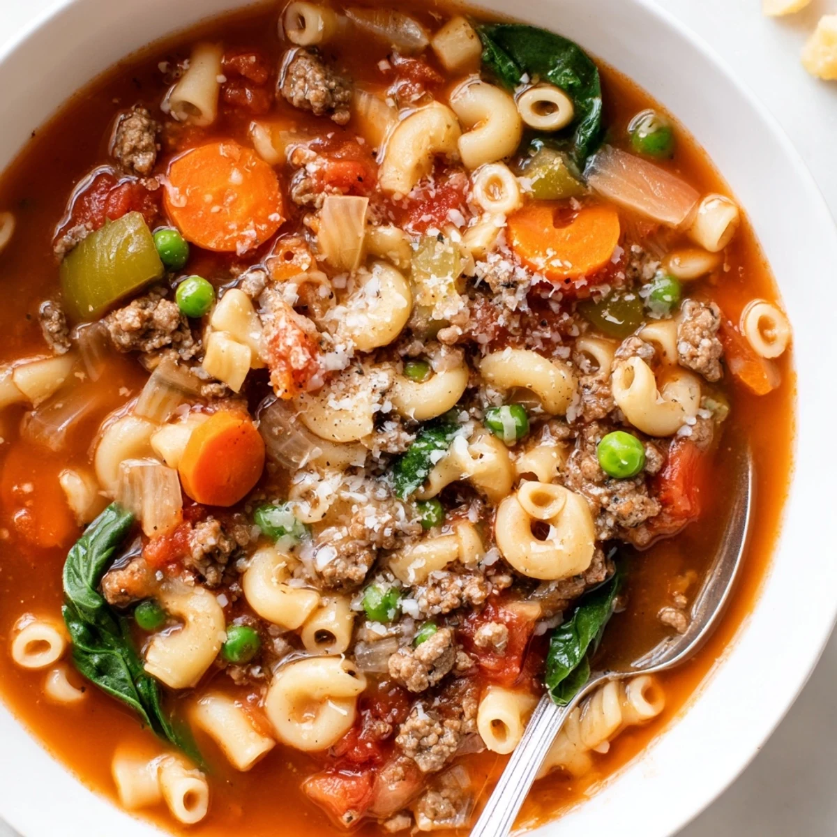 Bowl of steaming Delicious Homemade Ground Beef Pasta Soup Recipe For Comfort