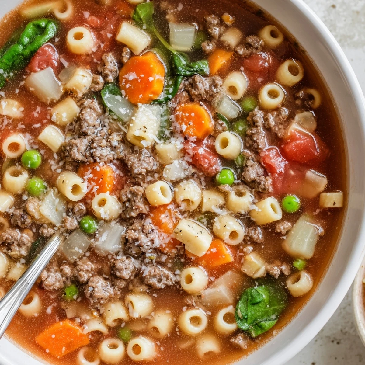 Delicious Homemade Ground Beef Pasta Soup Recipe For Comfort topped with Parmesan