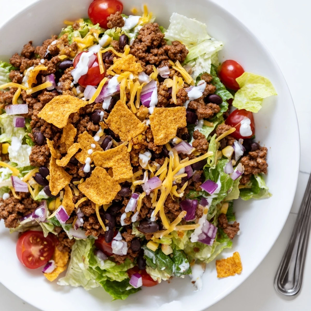 Simple Doritos Taco Salad with crispy chips, savory beef, and bright tomatoes