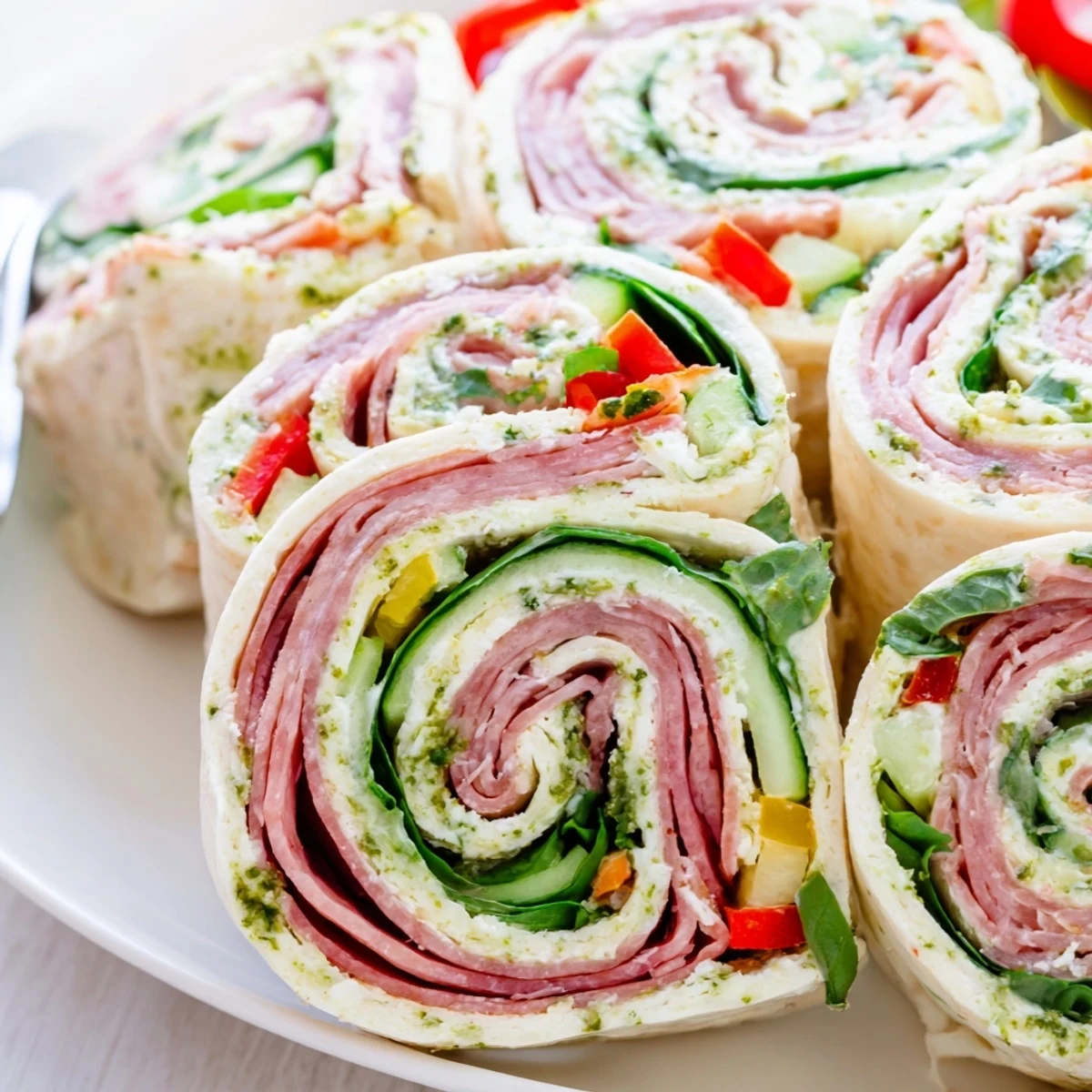 Italian Pinwheel Sandwiches arranged on platter, creamy pesto, crisp bell pepper bites